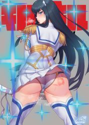Rule 34 | ass, black hair, boots, clothes lift, epaulettes, from behind, gonster, highres, junketsu, kill la kill, kiryuuin satsuki, long hair, panties, pantyshot, puckered lips, sheath, sheathed, skirt, skirt lift, slap mark, solo, spanked, steaming body, sweat, sword, thigh boots, thighhighs, underwear, weapon, wind, wind lift
