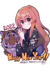 Rule 34 | 021 shiro, 1girl, 2022, absurdres, aisaka taiga, black kimono, blush, brown eyes, brown hair, chinese zodiac, closed mouth, commentary, floral print, hair between eyes, hands up, happy new year, highres, japanese clothes, kimono, long hair, long sleeves, looking at viewer, new year, own hands clasped, own hands together, simple background, solo, tiger, toradora!, translation request, twitter username, upper body, white background, wide sleeves, year of the tiger, yukata