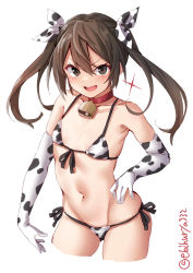 Rule 34 | 1girl, animal print, bare shoulders, bell, bikini, blush, bridal garter, brown eyes, brown hair, chinese zodiac, collar, contrapposto, cow print, cowbell, cowboy shot, ebifurya, elbow gloves, flat chest, gloves, groin, hair between eyes, hair ribbon, hand on own hip, highres, kantai collection, looking at viewer, lowleg, lowleg panties, micro bikini, navel, one-hour drawing challenge, open mouth, panties, red collar, ribbon, side-tie bikini bottom, side-tie panties, sidelocks, simple background, solo, swimsuit, tone (kancolle), twintails, twitter username, underwear, white background, year of the ox