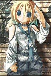 Rule 34 | 1boy, against wall, barcode, belt, black pants, blonde hair, blue hair, blue nails, blue necktie, buckle, character name, closed mouth, clothes writing, clothing cutout, collar, collarbone, cowboy shot, fingernails, gradient hair, graffiti, hair between eyes, kagamine len, long fingernails, long sleeves, looking at viewer, male focus, multicolored hair, nail polish, necktie, no pupils, pants, short hair, shoulder cutout, signature, smile, solo, standing, tareme, two-tone hair, vocaloid