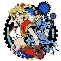 Rule 34 | 1girl, blonde hair, blue eyes, breasts, chrono cross, commentary, dagger, facial mark, gloves, high ponytail, jewelry, kid (chrono cross), knife, long hair, looking at viewer, medium breasts, midriff, multi-tied hair, navel, necklace, oto nagi, ponytail, short hair, short sleeves, skirt, solo, spoilers, vest, weapon