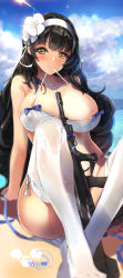 Rule 34 | 1girl, arm support, assault rifle, bare arms, bare shoulders, beah, between breasts, between legs, bikini, bikini top only, black hair, blue bow, blunt bangs, blurry, blush, bottomless, bow, breasts, bullpup, character name, cleavage, cloud, cloudy sky, collarbone, convenient leg, copyright name, day, deeple, depth of field, flower, foreshortening, girls&#039; frontline, groin, gun, hair flower, hair ornament, hairband, highres, knees up, large breasts, light rays, long hair, looking at viewer, mouth hold, no shoes, ocean, official alternate costume, qbz-95, rifle, sitting, sky, solo, sparkle, sunbeam, sunlight, swimsuit, thighhighs, tsurime, type 95 (girls&#039; frontline), type 95 (summer cicada) (girls&#039; frontline), untied bikini, very long hair, weapon, white bikini, white hairband, white thighhighs, yellow eyes