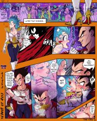 Rule 34 | 1boy, 1girl, adjusting clothes, adjusting gloves, armor, black eyes, black hair, blue eyes, blue hair, boots, breasts, bulma, cape, cleavage, cocktail glass, comic, cosplay, cup, dragon ball, dragonball z, drinking glass, earrings, emphasis lines, english text, evil grin, evil smile, french kiss, furrowed brow, gloves, grin, half-closed eyes, halloween, hetero, high heel boots, high heels, highres, jewelry, king vegeta, king vegeta (cosplay), kiss, medium breasts, motion lines, party, red cape, smile, sweat, table, trick or treat, vegeta, vegeta (cosplay), whirlydoodle, white footwear, white gloves