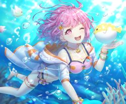 Rule 34 | 1girl, :d, air bubble, anklet, bikini, blush, bracelet, breasts, bubble, cleavage, commentary, coral, fish, fish hair ornament, food, foot out of frame, frilled bikini, frills, fruit, hair ornament, hairclip, hand up, hood, hoodie, jewelry, kitto saikou no summer! (project sekai), looking at viewer, matsunashi noe, medium breasts, ocean, one eye closed, ootori emu, open mouth, patterned clothing, pineapple, pink bikini, pink eyes, pink hair, project sekai, see-through hoodie, short hair, signature, smile, solo, swimsuit, teeth, tongue, underwater, upper teeth only, white hoodie