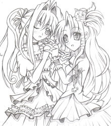 Rule 34 | 2girls, animal, animal on head, bad id, bad pixiv id, cokua, dress, holding hands, interlocked fingers, long hair, multiple girls, on head, one eye closed, original, traditional media, wink