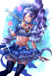 Rule 34 | 1girl, absurdres, aono miki, bandeau, black thighhighs, blue background, blue eyes, blue skirt, commentary request, cure berry, earrings, eyelashes, fresh precure!, frilled skirt, frilled sleeves, frills, gradient background, hair ornament, hairband, highres, jewelry, long hair, looking at viewer, magical girl, midriff, navel, one eye closed, pouch, precure, purple hair, ribbon, sakana sakanama, short sleeves, skirt, smile, solo, sparks, staff, sword, thighhighs, thighs, very long hair, weapon, white background