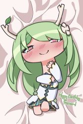 Rule 34 | 1girl, antlers, blush, braid, ceres fauna, full-face blush, green hair, hair ornament, heart, heart-shaped pupils, highres, hololive, hololive english, horns, kiirokuma, leaf, long hair, looking at viewer, looking up, lying, mole, mole under eye, on back, on bed, seductive smile, smile, straight hair, symbol-shaped pupils, virtual youtuber, wide face, yellow eyes