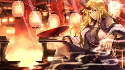 Rule 34 | 1girl, alternate costume, architecture, arkatopia, balcony, blonde hair, broken, broken chain, chain, chain, city, commentary request, cuffs, cup, east asian architecture, fire, grin, haori, highres, holding, holding cup, horns, hoshiguma yuugi, japanese clothes, kimono, lantern, long hair, looking at viewer, obi, paper lantern, red eyes, sakazuki, sarashi, sash, shackles, single horn, sitting, smile, smoke, solo, teeth, touhou, very long hair