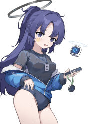 Rule 34 | 1girl, absurdres, black shirt, blue archive, blue buruma, blue eyes, blue hair, blue jacket, blush, breasts, buruma, cellphone, commentary request, cowboy shot, gym uniform, halo, highres, holding, holding phone, jacket, jacket partially removed, long hair, long sleeves, looking at viewer, mechanical halo, medium breasts, official alternate costume, open mouth, parted bangs, phone, ponytail, shijiuuuuuuu, shirt, short sleeves, simple background, smartphone, solo, star sticker, sticker on face, sweat, wet, wet clothes, wet shirt, white background, yuuka (blue archive), yuuka (track) (blue archive)