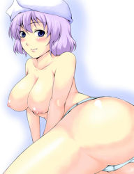 Rule 34 | 1girl, ass, blue eyes, breasts, female focus, gradient background, hat, hotpants (i&#039;m hot yet!), large breasts, letty whiterock, nipples, panties, panties only, purple hair, short hair, solo, topless, touhou, underwear, underwear only