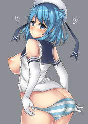 Rule 34 | 10s, 1girl, ass, bad id, bad pixiv id, blue eyes, blue hair, blush, breasts, butt crack, grey background, heart, highres, kantai collection, large breasts, long hair, looking at viewer, looking back, matching hair/eyes, md5 mismatch, nipples, open clothes, panties, panty pull, puffy nipples, sideboob, simple background, sleeves rolled up, smile, solo, striped clothes, striped panties, terakoya, underwear, urakaze (kancolle)
