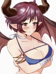 Rule 34 | 1girl, 3:, ahoge, bikini, bikini top only, blue bikini, blush, breast hold, breasts, cleavage, collarbone, commentary request, crossed arms, dragon girl, dragon horns, dragon wings, granblue fantasy, grea (shingeki no bahamut), highres, horns, large breasts, michael nknkn, neck ribbon, purple hair, red eyes, ribbon, shingeki no bahamut, short hair, simple background, solo, swimsuit, wavy mouth, white background, white ribbon, wings, wrist wrap