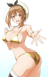 Rule 34 | 1girl, :d, ass, atelier (series), atelier ryza, atelier ryza 1, beret, bikini, black hairband, boots, bow hairband, breasts, brown eyes, brown footwear, brown hair, cleavage, commentary request, gold bikini, hair ornament, hairband, hairclip, hat, highres, jewelry, large breasts, looking at viewer, mibushiro, mixed-language commentary, necklace, open mouth, outstretched arm, outstretched hand, reaching, reaching towards viewer, reisalin stout, short hair, smile, solo, star (symbol), star necklace, swimsuit, thigh boots, thighhighs, twisted torso, white background, white headwear