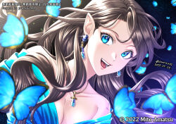 Rule 34 | 1girl, 2022, artist name, bare shoulders, blue dress, blue eyes, breasts, brown hair, bug, butterfly, cleavage, commentary request, copyright notice, crystal earrings, dress, earrings, eyelashes, glint, hair behind ear, insect, jewelry, long hair, medium breasts, mito amatsu, necklace, off-shoulder dress, off shoulder, open mouth, original, pointy ears, portrait, smile, solo, watermark, wavy hair