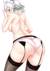 Rule 34 | 1girl, against wall, ass, back, blue eyes, blush, breasts, ebi 193, garter belt, izayoi sakuya, lace, lace-trimmed legwear, lace trim, large breasts, looking at viewer, looking back, maid headdress, panties, panties over garter belt, pink panties, silver hair, solo, thighhighs, thighs, topless, touhou, underwear, wedgie