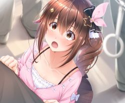 Rule 34 | 1girl, absurdres, blush, brown eyes, brown hair, brown skirt, camisole, diamond hair ornament, embarrassed, frilled camisole, frills, hair between eyes, hair flaps, hair ornament, hair ribbon, hairclip, highres, hololive, kamishiro mai (capti-no), long hair, long sleeves, open mouth, pink shirt, plaid, plaid skirt, pleated skirt, ribbon, shirt, skirt, solo focus, star (symbol), star hair ornament, subway, tokino sora, tokino sora (casual), train interior, virtual youtuber, white camisole