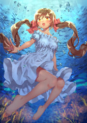 Rule 34 | 1girl, axis powers hetalia, blue dress, bow, brown eyes, brown hair, bubble, coral, dark-skinned female, dark skin, dress, fish, floating hair, frilled dress, frills, hair bow, hatake hukuro, highres, long hair, looking up, open mouth, puffy short sleeves, puffy sleeves, red bow, seychelles (hetalia), short sleeves, smile, solo focus, submerged, twintails, underwater