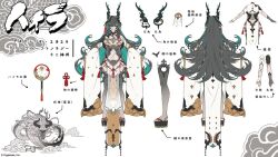Rule 34 | 1girl, breasts, character name, character profile, character sheet, cleavage, clothing cutout, color guide, colored inner hair, dragon, dragon girl, dragon horns, eastern dragon, from behind, full body, granblue fantasy, high heels, horns, large breasts, long hair, looking at viewer, minaba hideo, mole, mole under mouth, multicolored hair, multiple views, official art, payila (granblue fantasy), simple background, standing, stomach cutout, turnaround, white background