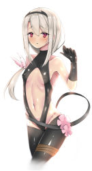 Rule 34 | 1girl, bad id, bad pixiv id, bare shoulders, belt, black gloves, black leotard, black pantyhose, breasts, clothing cutout, cosplay, covered erect nipples, dark-skinned female, dark skin, fate/grand order, fate/kaleid liner prisma illya, fate/prototype, fate/prototype: fragments of blue and silver, fate (series), flower ornament, gloves, hair ornament, hairband, halterneck, hassan of serenity (fate), hassan of serenity (fate) (cosplay), highleg, highleg leotard, highres, illyasviel von einzbern, leotard, long hair, looking at viewer, navel, navel cutout, pantyhose, puririn, red eyes, simple background, small breasts, solo, white background, white hair