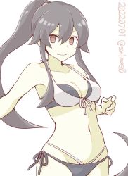 Rule 34 | 1girl, akara kai, alternate costume, bare shoulders, bikini, black hair, breasts, brown eyes, cleavage, collarbone, dated, highres, kantai collection, long hair, looking at viewer, medium breasts, navel, one-hour drawing challenge, ponytail, simple background, solo, swimsuit, twitter username, white background, yahagi (kancolle)