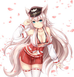 Rule 34 | 1girl, animal ears, arm up, armpits, bad id, bad pixiv id, bare shoulders, bikini, bikini top only, black hat, bow, breasts, cherry blossoms, cleavage, closed mouth, collarbone, cowboy shot, detached sleeves, eyebrows, fox ears, fox tail, hair between eyes, hat, head tilt, highres, hug, large breasts, legs together, long hair, looking at viewer, lotpe, miniskirt, navel, open clothes, open vest, peaked cap, petals, qurare magic library, red bikini, red bow, red ribbon, red skirt, ribbon, ribbon-trimmed sleeves, ribbon trim, shiny skin, silver hair, skirt, smile, solo, standing, stomach, swimsuit, tail, tareme, thighhighs, very long hair, vest, white thighhighs, white vest, zettai ryouiki
