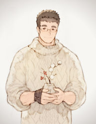 Rule 34 | 1boy, alternate costume, bad id, bad pixiv id, black hair, brown hair, chataro1412, glasses, holding, holding vase, looking to the side, male focus, plant, rimless eyewear, motoori shiro, short hair, smile, solo, sweater, thick eyebrows, tokyo houkago summoners, upper body, vase, white sweater