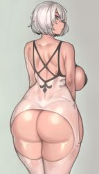 Rule 34 | 1girl, absurdres, ass, back, backboob, blue eyes, bob cut, breasts, butt crack, dimples of venus, from behind, highres, huge ass, kelvin hiu, large breasts, lingerie, nier (series), nier:automata, short hair, silver hair, solo, thick thighs, thighs, underwear, underwear only, 2b (nier:automata)