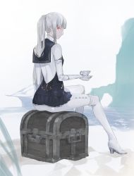 Rule 34 | ass, black serafuku, boots, breasts, cup, day, full body, gloves, highres, holding, holding cup, ishinarimaru shouten, long hair, looking back, outdoors, pixiv fantasia, pixiv fantasia age of starlight, ponytail, red eyes, school uniform, serafuku, sitting, small breasts, thigh boots, treasure chest, white gloves, white hair