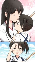 Rule 34 | 10s, 2girls, aged down, akagi (kancolle), blush, bow (weapon), brown eyes, brown hair, cloud, comic, crying, crying with eyes open, day, dirty, dirty clothes, dirty face, female focus, gradient background, hand on own forehead, highres, japanese clothes, kaga (kancolle), kantai collection, kiss, kissing forehead, long hair, mentai mochi, multiple girls, outdoors, side ponytail, sky, smile, straight hair, tasuki, tears, upper body, weapon, white background