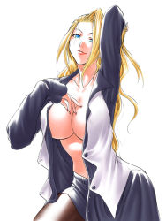 Rule 34 | 1girl, artist request, blonde hair, blue eyes, breasts, cleavage, female focus, hair over one eye, large breasts, lipstick, long hair, makeup, mature (kof), no bra, open clothes, open shirt, pantyhose, shirt, skirt, smile, snk, solo, tagme, the king of fighters, white background