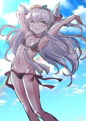 Rule 34 | 1girl, adapted costume, amatsukaze (kancolle), backlighting, bikini, blue sky, breasts, brown eyes, cloud, fang, feet out of frame, fuji (pixiv24804665), grey hair, grey neckerchief, hair tubes, highres, kantai collection, long hair, neckerchief, side-tie bikini bottom, skin fang, sky, small breasts, smile, solo, swimsuit, two side up