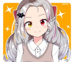 Rule 34 | 1girl, bat hair ornament, blush, bow, braid, breasts, brown background, closed mouth, collared shirt, commentary, dress shirt, earrings, forehead, grey hair, hair bow, hair ornament, head tilt, heterochromia, highres, jewelry, liliana vampaia, long hair, looking at viewer, multicolored hair, myholo tv, parted bangs, purple hair, red bow, red eyes, shirt, signature, small breasts, smile, solo, sparkle, streaked hair, sweater vest, sylphine, two-tone background, upper body, virtual youtuber, white background, white shirt, yellow eyes