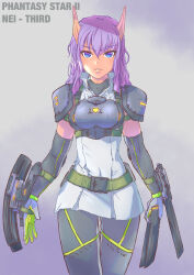 Rule 34 | 1girl, absurdres, belt, blade, character name, commentary request, crossover, english text, gloves, highres, long hair, looking at viewer, machinery, mutant, nei, original, phantasy star, phantasy star ii, phantasy star online, purple hair, redesign, roma no fuhiga, science fiction, sega, solo, weapon