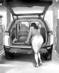 Rule 34 | 1girl, ass, blush, breasts, car, from behind, full body, gas pump, gas station, mature female, monochrome, motor vehicle, noysca, peril, skirt, vehicle