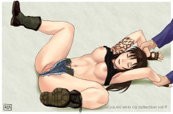 Rule 34 | 00s, 1girl, armpits, azasuke, belt, black lagoon, boots, breasts, brown hair, censored, clothes lift, clothing aside, denim, denim shorts, closed eyes, female pubic hair, fingerless gloves, from above, gloves, highres, large breasts, long hair, lying, midriff, mosaic censoring, navel, nipples, no bra, no panties, on back, pubic hair, pussy, rape, restrained, revy (black lagoon), shirt lift, short shorts, shorts, shorts aside, shoulder tattoo, solo focus, spread legs, tank top, tattoo, underboob