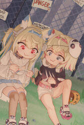 Rule 34 | 2girls, absurdres, animal ears, belt, belt collar, black collar, black shirt, blonde hair, blue belt, blue eyes, blue hair, breasts, collar, cropped shirt, dog ears, dog girl, dress, fishnet thighhighs, fishnets, frilled shorts, frills, fuwawa abyssgard, fuwawa abyssgard (1st costume), halloween bucket, headphones, headphones around neck, highres, holding, holding paper, hololive, hololive english, long hair, mask, mask on head, medium breasts, missing poster, mococo abyssgard, mococo abyssgard (1st costume), multicolored hair, multiple girls, nanachides, paper, pink belt, pink eyes, pink hair, shirt, shoes, short shorts, shorts, siblings, sisters, sitting, sneakers, spiked collar, spikes, streaked hair, thighhighs, twins, two side up, virtual youtuber, white dress, white footwear, white shorts