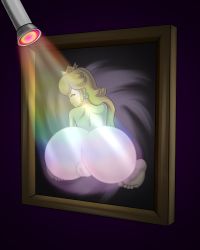 Rule 34 | 1girl, anus, ass, back, barefoot, blonde hair, blue eyes, cleft of venus, closed mouth, crown, earrings, eyelashes, flashlight, flashlight beam, full body, half-closed eyes, highres, jewelry, lips, long hair, looking back, luigi&#039;s mansion, luigi&#039;s mansion 3, mario (series), nintendo, nude, portrait (object), princess peach, purple background, pussy, shoulder blades, sleepiitreat, soles, solo, stuck, through wall, uncensored