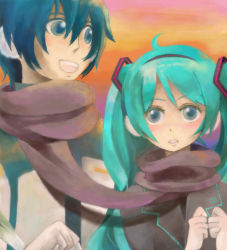 Rule 34 | 1boy, 1girl, :d, aqua hair, blue eyes, blue hair, blush, coat, evening, hatsune miku, kaito (vocaloid), long sleeves, looking at viewer, open mouth, orange sky, outdoors, own hands together, sato (pixiv56521), sato (sa10cho), scarf, shared clothes, shared scarf, sky, smile, sunset, upper body, vocaloid
