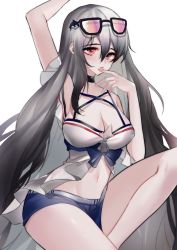 Rule 34 | 1girl, absurdres, arknights, arm up, bare shoulders, black choker, blue shorts, breasts, chinese commentary, choker, cleavage, commentary request, eyewear on head, hair between eyes, hand up, highres, large breasts, long hair, looking at viewer, micro shorts, navel, no headwear, off-shoulder shirt, off shoulder, official alternate costume, orca hair ornament, parted lips, red eyes, shenyuheimao, shirt, short sleeves, shorts, silver hair, simple background, skadi (arknights), skadi (waverider) (arknights), solo, stomach, sunglasses, sunglasses on head, thighs, very long hair, white background, white shirt