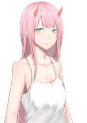 Rule 34 | 10s, 1girl, :t, absurdres, blue eyes, breasts, cleavage, collarbone, darling in the franxx, highres, horns, liudaohai6001, long hair, looking at viewer, medium breasts, pink hair, shirt, simple background, sketch, sleeveless, sleeveless shirt, solo, upper body, very long hair, white background, white shirt, zero two (darling in the franxx)