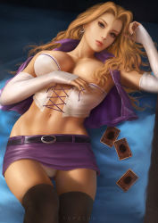 Rule 34 | 1girl, artist name, bare shoulders, black thighhighs, blonde hair, breasts, card, cleavage, collarbone, commentary, corset, cowboy shot, cross-laced clothes, detached sleeves, earrings, english commentary, forehead, hand on own chest, hand up, highres, jewelry, kujaku mai, large breasts, looking at viewer, lying, miniskirt, navel, off shoulder, on back, panties, pantyshot, purple skirt, realistic, red lips, skirt, sleeves past wrists, solo, thigh gap, thighhighs, underwear, unworn vest, white corset, yu-gi-oh!, yu-gi-oh! duel monsters, yupachu