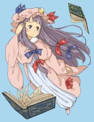 Rule 34 | 1girl, blue dress, blush, book, capelet, chii-kun (seedyoulater), crescent, crescent pin, dress, expressionless, full body, hair ribbon, hand in own hair, hat, hat ornament, highres, long hair, long sleeves, looking to the side, mob cap, moon print, open book, patchouli knowledge, pink footwear, pink hat, purple eyes, purple hair, ribbon, shoes, sidelocks, solo, star (symbol), star print, touhou, tress ribbon, very long hair, wide sleeves, wind