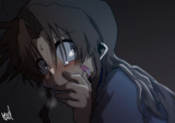 1girl absurdres bandaid bandaid_on_cheek bandaid_on_face blush breath constricted_pupils crying crying_with_eyes_open ed-chan_(edkuroki) edkuroki grey_background hand_to_own_mouth highres horror_(theme) long_hair original parted_bangs scared signature solo sweat tears upper_body wide-eyed