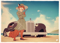Rule 34 | 1girl, absurdres, animal ears, animal nose, beach, black footwear, blue sky, body fur, border, borrowed character, brand name imitation, breasts, buttons, car, cloud, coat, commission, crossed arms, day, ears through headwear, fangs, female focus, finger on trigger, fox-pop vli, fox ears, fox girl, fox tail, full body, furry, furry female, green eyes, grey coat, grey hat, gun, handgun, happy, hat, high collar, highres, holding, holding gun, holding weapon, license plate, light rays, long sleeves, looking at viewer, mercedes-benz, mercedes-benz 380 (type w22), mole, mole under eye, motor vehicle, ocean, open mouth, orange fur, original, outdoors, retro artstyle, revolver, sand, shoes, sky, small breasts, smile, snout, solo, standing, sun hat, sunlight, tail, tree, trench coat, two-tone fur, v-shaped eyebrows, vintage car, water, weapon, white border, white fur