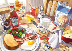 Rule 34 | 1boy, 1girl, :3, animal, animal ears, bacon, blonde hair, blue eyes, bowl, bread slice, butter, cat, cat ears, cat tail, chair, cheese, clothed animal, comet (artist), comet (teamon), crossdressing, cup, curtains, dress, drinking glass, egg, egg (food), food, food focus, fork, from side, furry, furry male, glass, holding, holding fork, holding stuffed toy, honey, indoors, jam, jar, ketchup, lettuce, long sleeves, looking away, maid, maid headdress, milk, milk carton, mini person, miniboy, mushroom, neckerchief, on table, original, pepper shaker, plate, product placement, salad, soup, stuffed animal, stuffed toy, sunny side up egg, table, tail, toast, tomato, white dress, window
