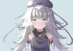 Rule 34 | 1girl, azur lane, bare shoulders, blue background, blunt bangs, blush, closed mouth, commentary request, detached sleeves, grey hair, hat, headpiece, high collar, highres, isobe eiji, long hair, looking at viewer, mole, mole under eye, simple background, smile, solo, yellow eyes, z46 (azur lane)