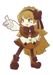 Rule 34 | 1girl, blonde hair, blush stickers, boots, braid, brown capelet, brown footwear, brown hairband, brown pantyhose, brown ribbon, brown skirt, buttons, capelet, commentary request, crown braid, footwear ribbon, full body, green eyes, hair ribbon, hairband, highres, lobotomy corporation, long sleeves, neck ribbon, no nose, open mouth, pantyhose, parody, pointing, project moon, puyopuyo, ribbon, shichou (o 2538), shirt, skirt, smile, solo, standing, style parody, tiphereth a (project moon), white shirt