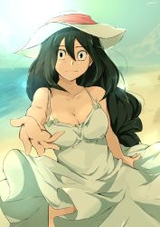 Rule 34 | 10s, 1girl, asui tsuyu, bare shoulders, beach, black eyes, boku no hero academia, breasts, cafekun, cleavage, dress, green hair, hair between eyes, hat, highres, light smile, long hair, looking at viewer, medium breasts, ocean, outstretched hand, smile, solo, spaghetti strap, sun hat, white dress