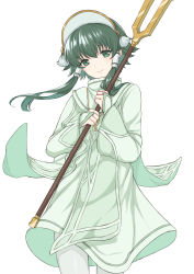 Rule 34 | 1boy, absurdres, closed mouth, commentary request, cowboy shot, green eyes, green hair, hair tubes, highres, holding, holding staff, ion (tales), jewelry, long sleeves, male focus, necklace, pants, robe, shimizu akina, short hair with long locks, sidelocks, simple background, smile, solo, staff, tales of (series), tales of the abyss, tassel, white background, white pants, wide sleeves