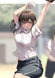 Rule 34 | 1girl, arms up, aya (jonsun), ball, baseball glove, black hair, black shorts, blurry, blurry background, blush, breasts, brown eyes, closed mouth, day, female focus, holding, holding ball, jonsun, large breasts, long hair, looking to the side, midriff peek, original, outdoors, playing sports, shirt, shirt tucked in, short sleeves, shorts, softball, solo focus, twitter username, white shirt